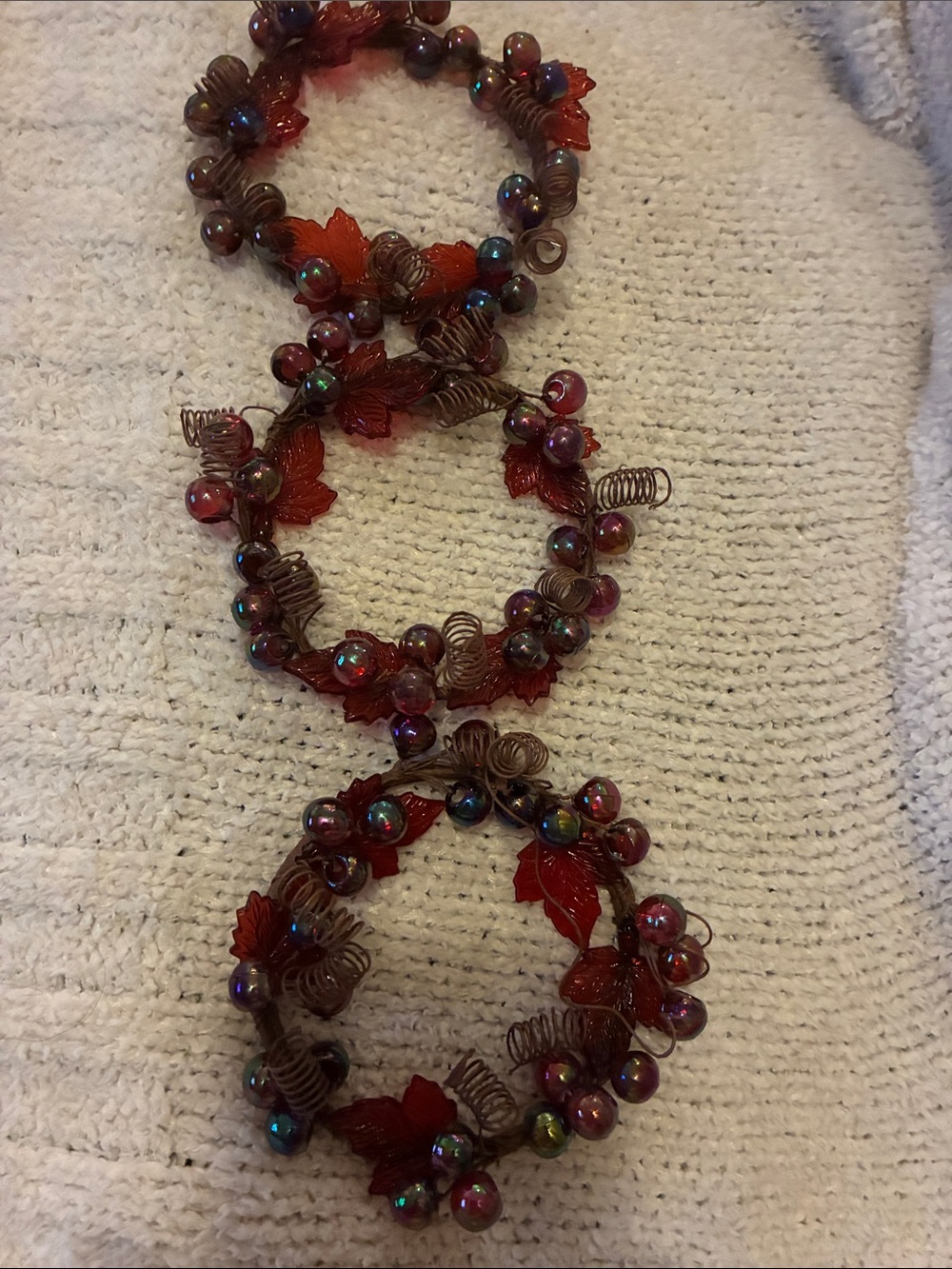 3 Cranberry Bead & Leaves candle holders. Gorgeous